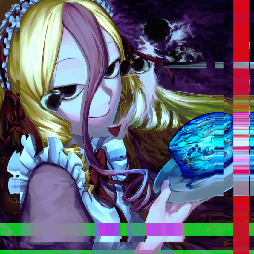 1girl, afterimage, apron, black_eyes, blonde_hair, cake, closed_mouth, commentary_request, dress, food, frilled_hairband, frills, from_side, glitch, hair_between_eyes, hairband, highres, holding, holding_plate, indie_virtual_youtuber, joki_yoh, long_bangs, long_hair, looking_at_viewer, looking_to_the_side, multicolored_hair, neck_ribbon, pink_dress, pink_hair, plate, purple_background, red_hairband, red_ribbon, ribbon, ringlets, smile, solo, streaked_hair, tanba_toshio, upper_body, virtual_youtuber, white_apron