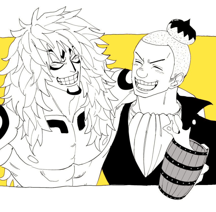 2boys, alcohol, arm_around_shoulder, artist_request, ascot, beer, calgara, closed_eyes