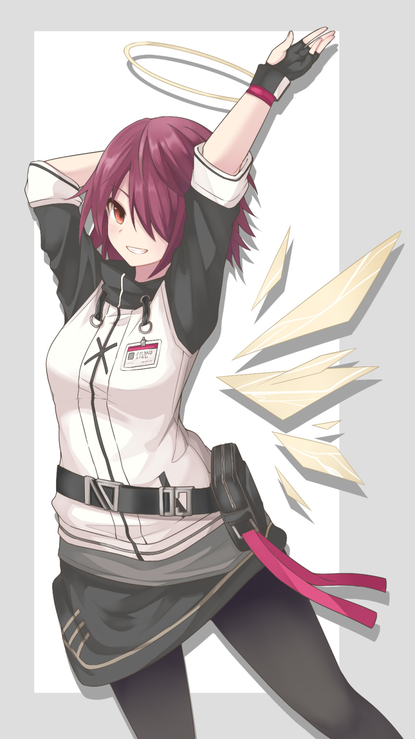 1girl, :d, arknights, arm_up, black_gloves, black_jacket, black_pantyhose, border