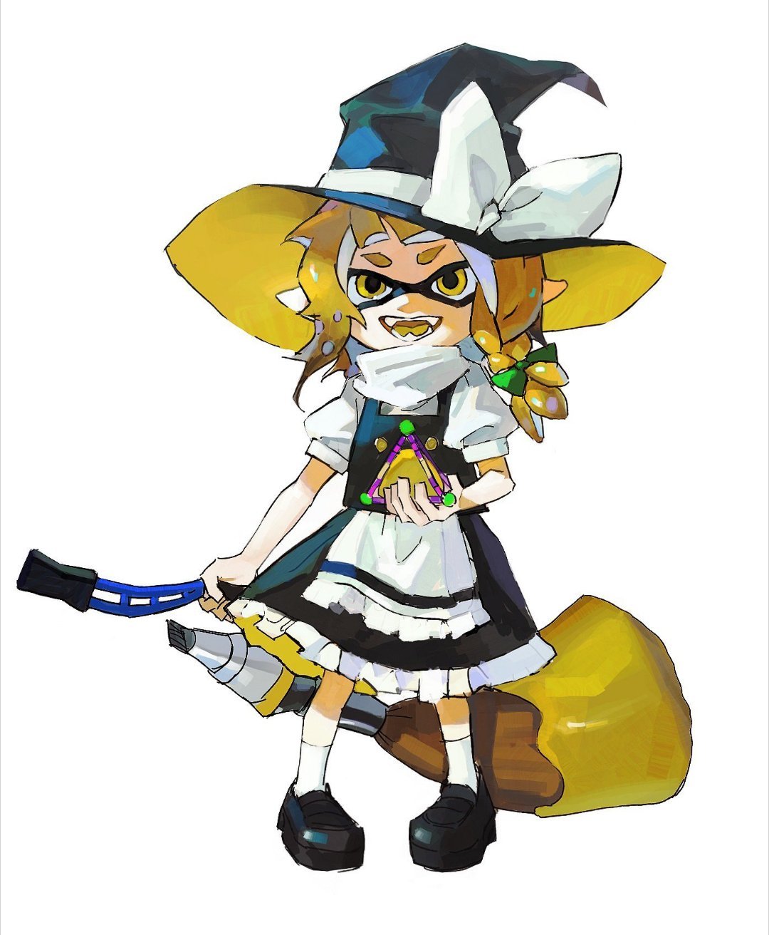 1girl, alternate_species, black_footwear, blonde_hair, bow, colored_tongue, fangs, full_body