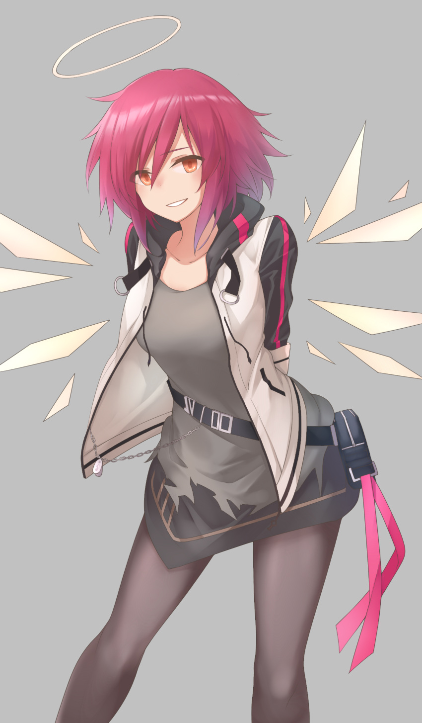 1girl, arknights, arms_behind_back, brown_pantyhose, chinese_commentary, commentary, cowboy_shot, detached_wings