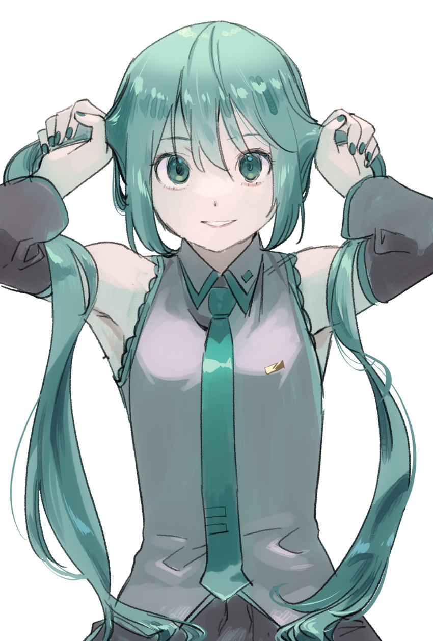 1girl, blue_eyes, blue_hair, collared_shirt, commentary, detached_sleeves, english_commentary, grin