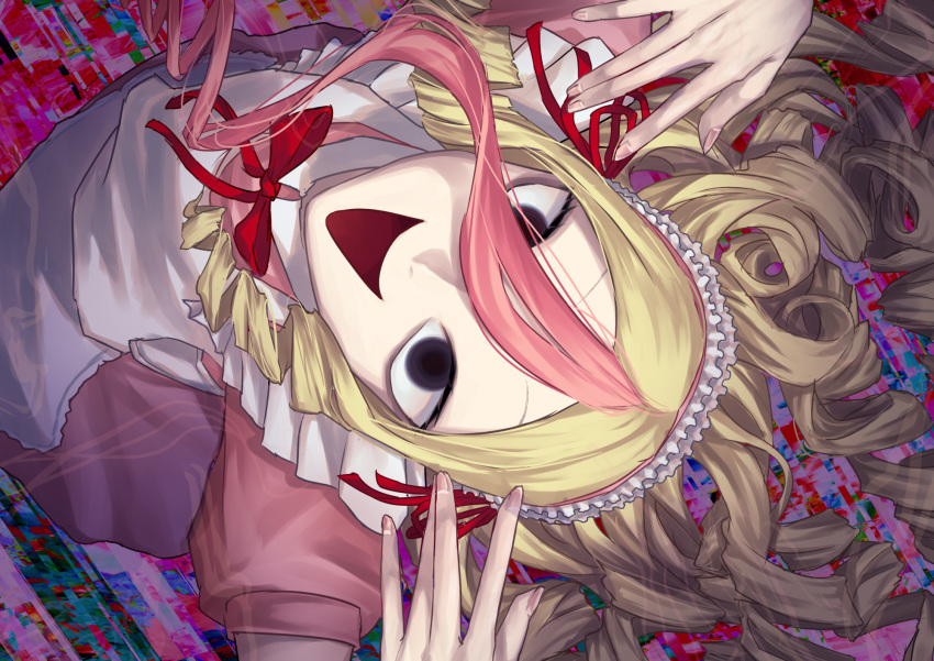 1girl, \||/, abstract_background, apron, black_eyes, blonde_hair, blue_background, commentary_request, dress, empty_eyes, floating_hair, frilled_hairband, frills, from_above, hair_between_eyes, hairband, hands_up, head_back, highres, indie_virtual_youtuber, joki_yoh, long_bangs, long_hair, looking_at_viewer, looking_up, multicolored_background, multicolored_hair, neck_ribbon, open_mouth, pink_dress, pink_hair, puffy_short_sleeves, puffy_sleeves, purple_background, red_background, red_ribbon, ribbon, ringlets, short_sleeves, smile, solo, streaked_hair, tanba_toshio, virtual_youtuber, white_apron
