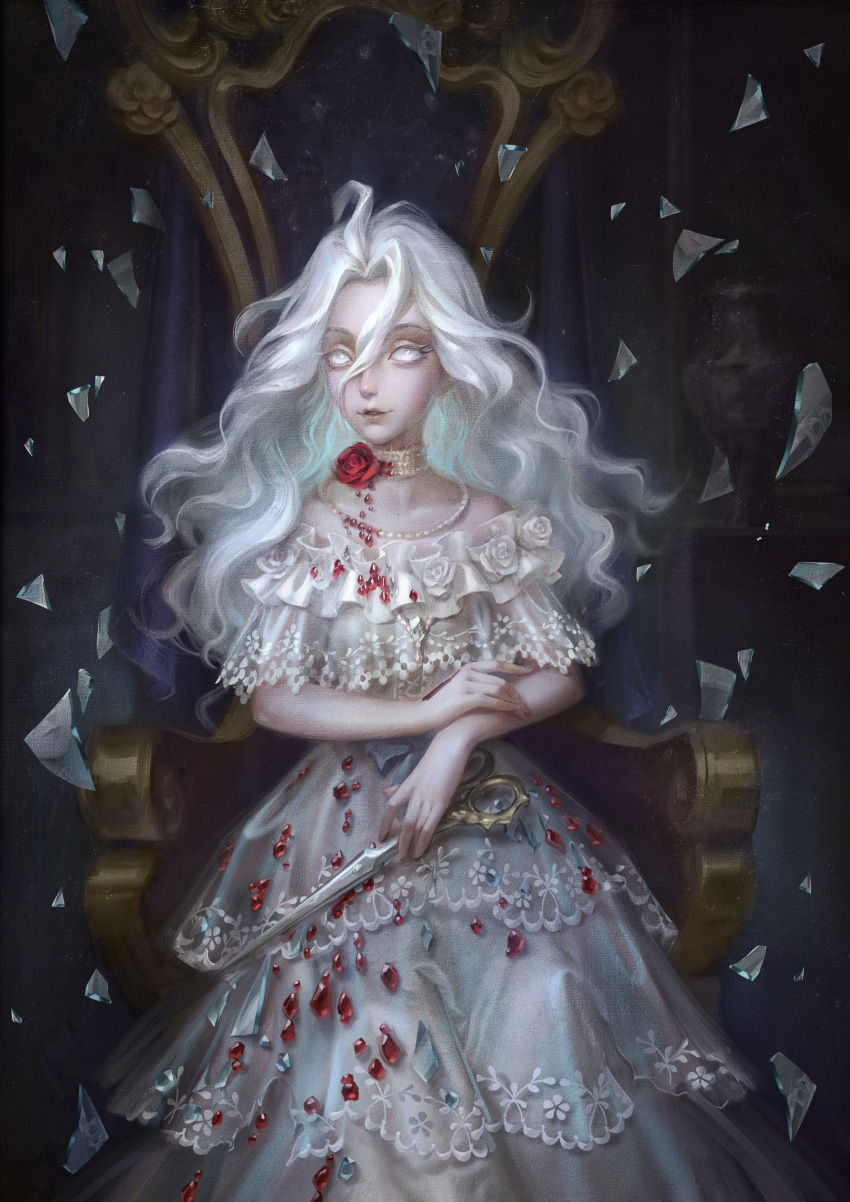 1girl, absurdres, alternate_costume, blank_eyes, chenatu_tutu, cowlick, dress, dress_flower, faux_traditional_media, feet_out_of_frame, flower, flower_necklace, gem, glass_shards, gown, hair_between_eyes, highres, holding, holding_scissors, identity_v, jewelry, lips, long_hair, looking_at_viewer, mary_(false_hope)_(identity_v), mary_(identity_v), necklace, off-shoulder_dress, off_shoulder, official_art, own_hands_together, painterly, parted_bangs, parted_lips, pearl_necklace, red_flower, red_gemstone, red_rose, rose, scissors, shards, short_sleeves, sitting, smile, solo, throne, wavy_hair, white_dress, white_flower, white_hair, white_rose