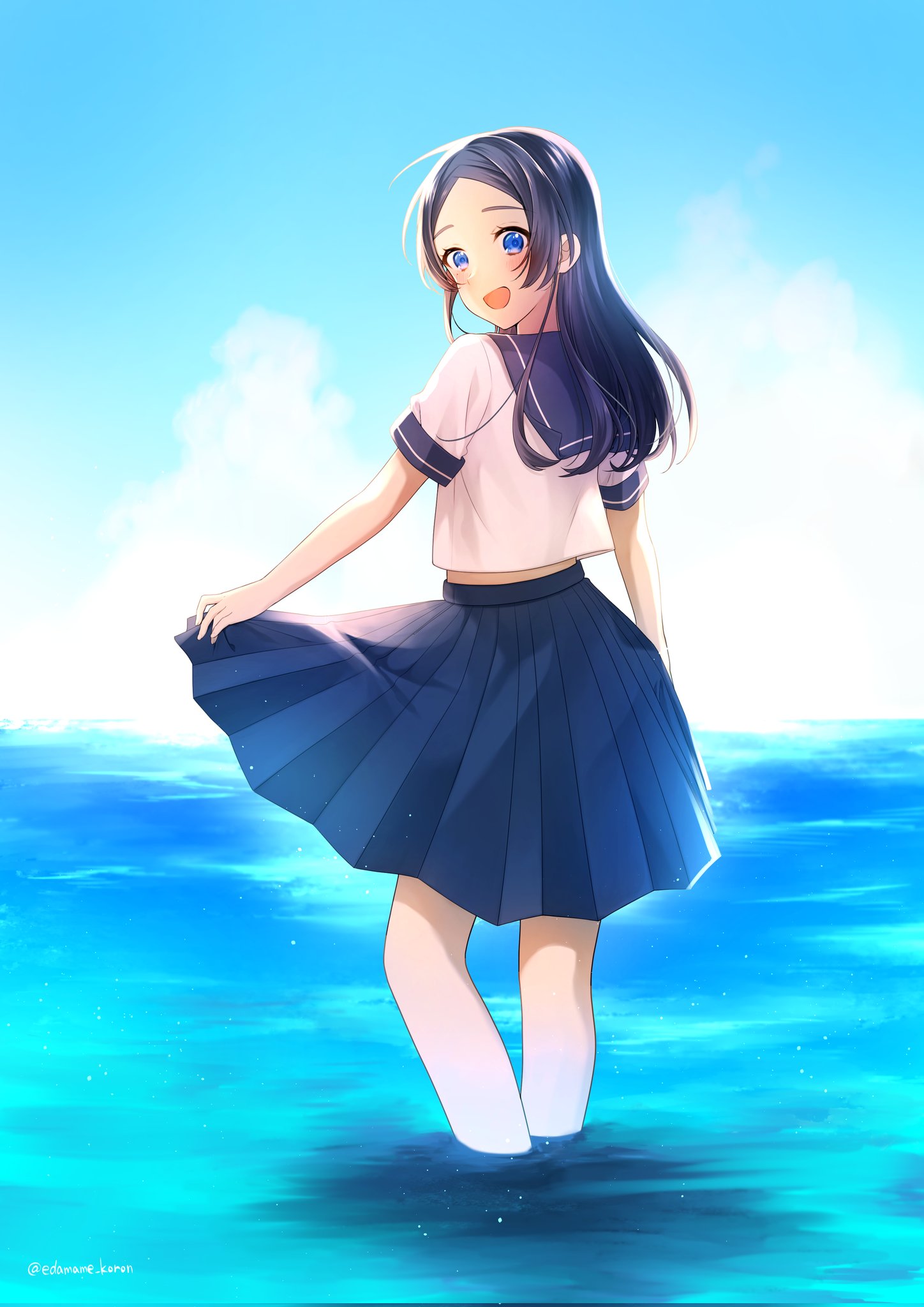 1girl, :d, alternate_costume, alternate_hairstyle, backlighting, black_hair, blue_eyes, blue_sailor_collar