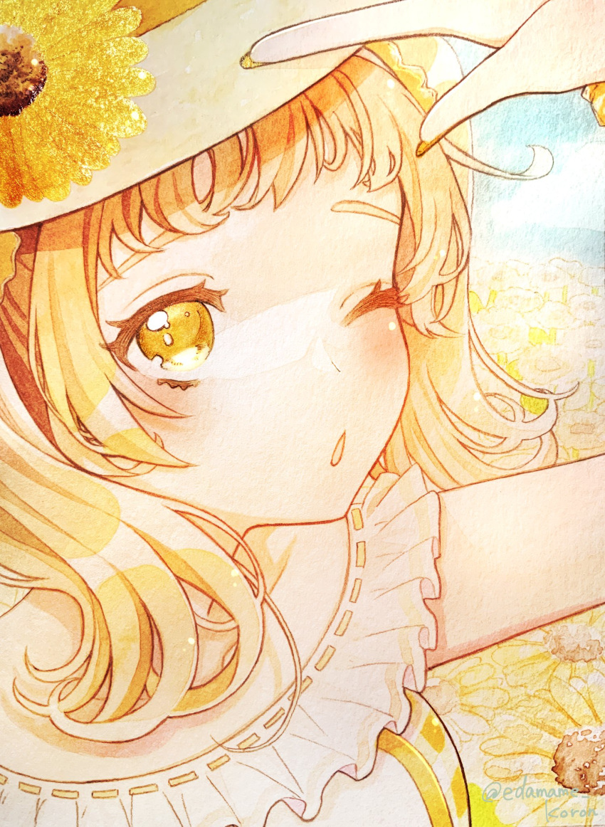 1girl, alternate_costume, bare_shoulders, blonde_hair, blush, clouds, collarbone, commentary