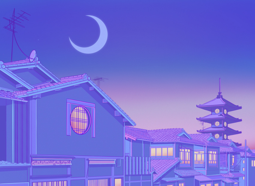 absurdres, architecture, balcony, building, city, commentary, crescent_moon, door