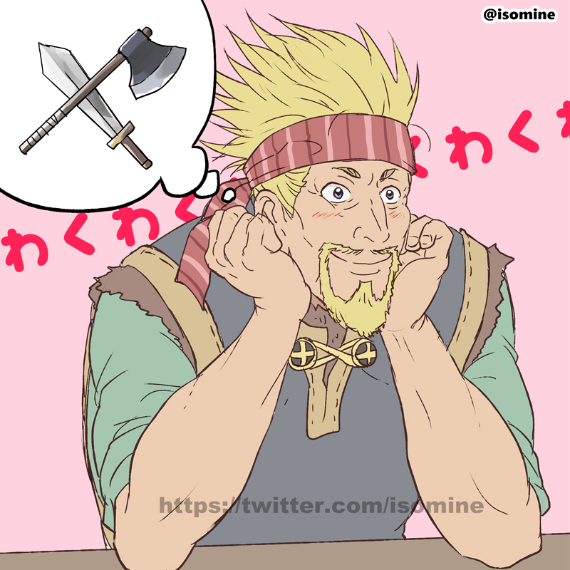1boy, axe, battle_axe, blonde_hair, blush, cheekbones, crossed_weapons, elbows_on_table