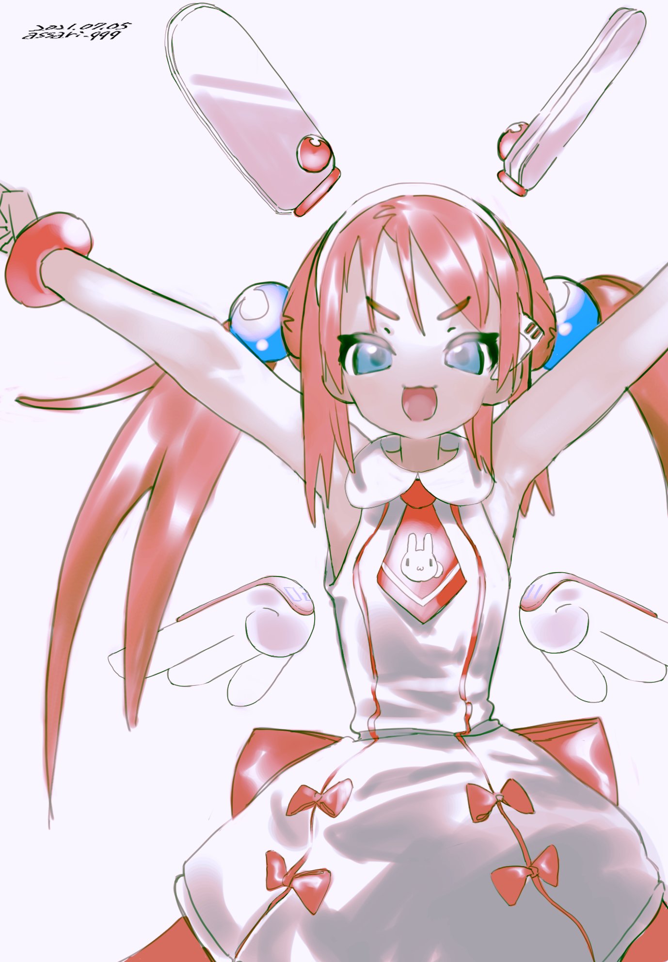 1girl, :3, arms_up, back_bow, blue_eyes, bow, collared_dress, dated