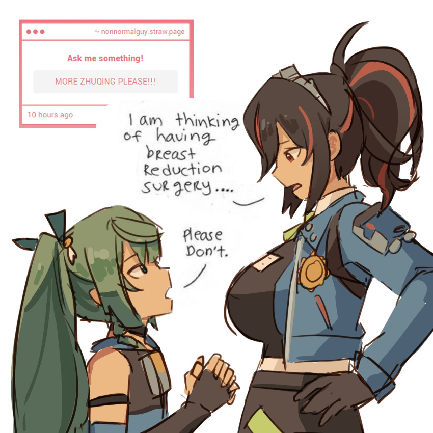 2girls, black_gloves, black_shirt, blue_jacket, breasts, brown_hair, commentary, english_commentary