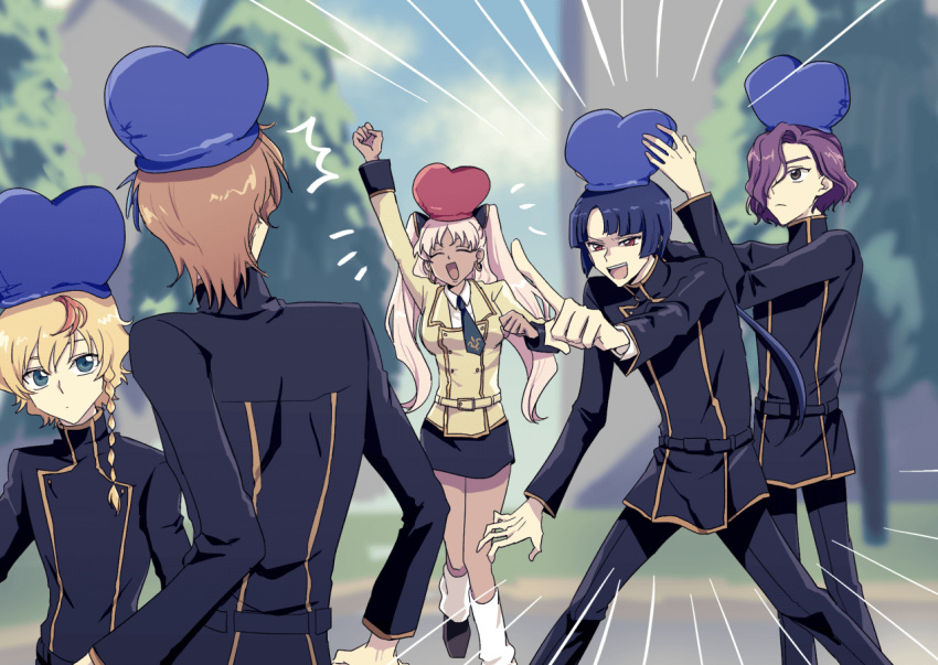 2girls, 3boys, ashford_academy_school_uniform, blonde_hair, blue_eyes, braid, breasts, brown_hair