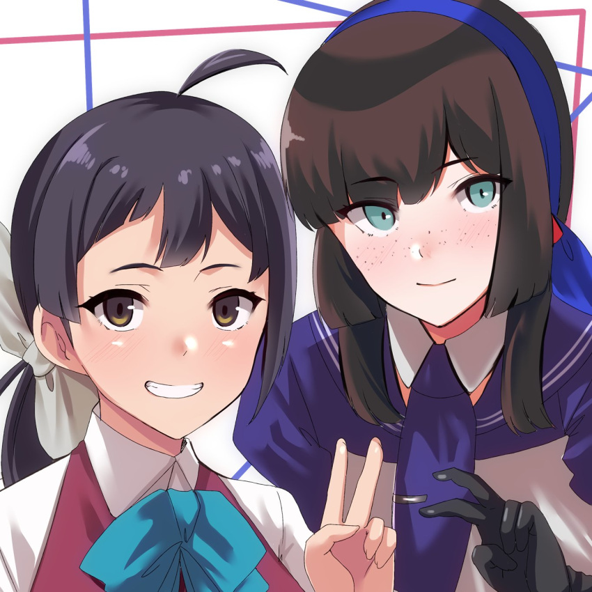 2girls, ahoge, aqua_bow, aqua_bowtie, black_gloves, black_hair, blue_eyes, blue_hairband, blue_necktie, blue_sailor_collar, bow, bowtie, brown_eyes, collared_shirt, dress_shirt, freckles, fujinami_(kancolle), gloves, grin, hairband, highres, kantai_collection, long_hair, military_uniform, mogador_(kancolle), multiple_girls, necktie, sailor_collar, shirt, sidelocks, smile, tirasi_(so), uniform, upper_body, v, white_shirt