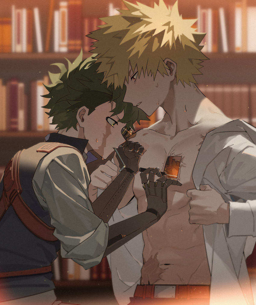 2boys, abs, absurdres, alternate_universe, bakugou_katsuki, belt, belt_buckle, black_pants