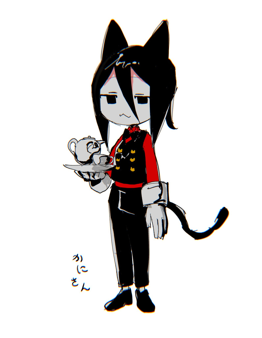 1boy, :3, animal_ears, black_bow, black_bowtie, black_eyes, black_footwear, black_hair