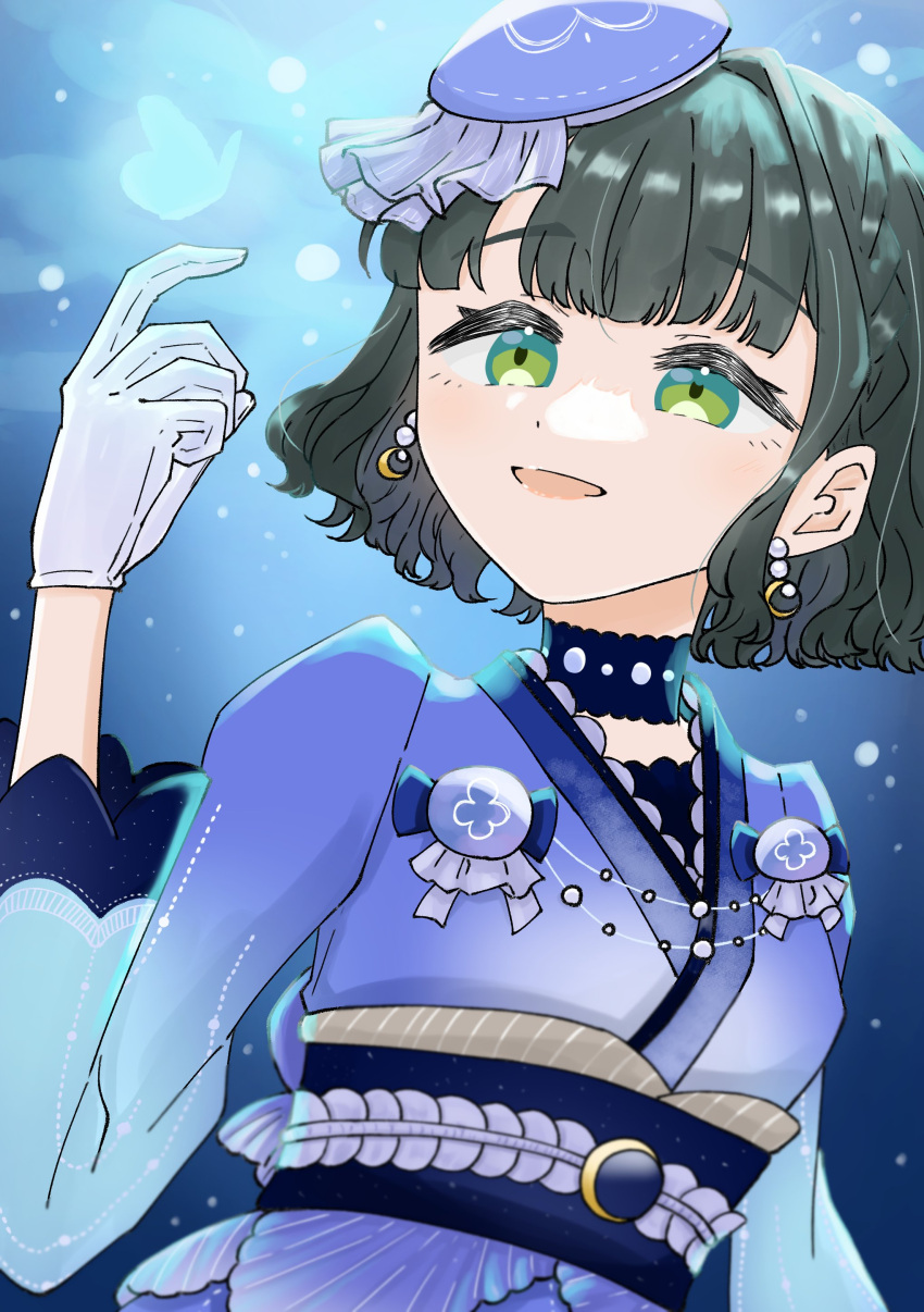 1girl, :d, absurdres, beret, blue_hat, blue_kimono, blunt_bangs, braid