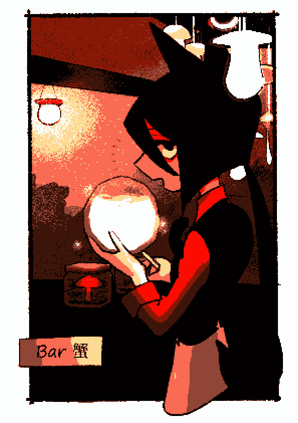 1boy, apron, black_eyes, black_hair, black_vest, border, cat_boy, character_name, commentary_request, cropped_legs, from_side, hachi_(hachike2), hair_between_eyes, half-closed_eyes, hanging_light, holding_orb, jar, kani_(kuusou_ryouriten), kuusou_ryouriten, light_bulb, long_bangs, long_hair, long_sleeves, looking_at_viewer, looking_to_the_side, low_ponytail, male_focus, mushroom, open_mouth, outside_border, profile, red_shirt, sanpaku, shirt, smile, solo, standing, vest, waist_apron, white_border