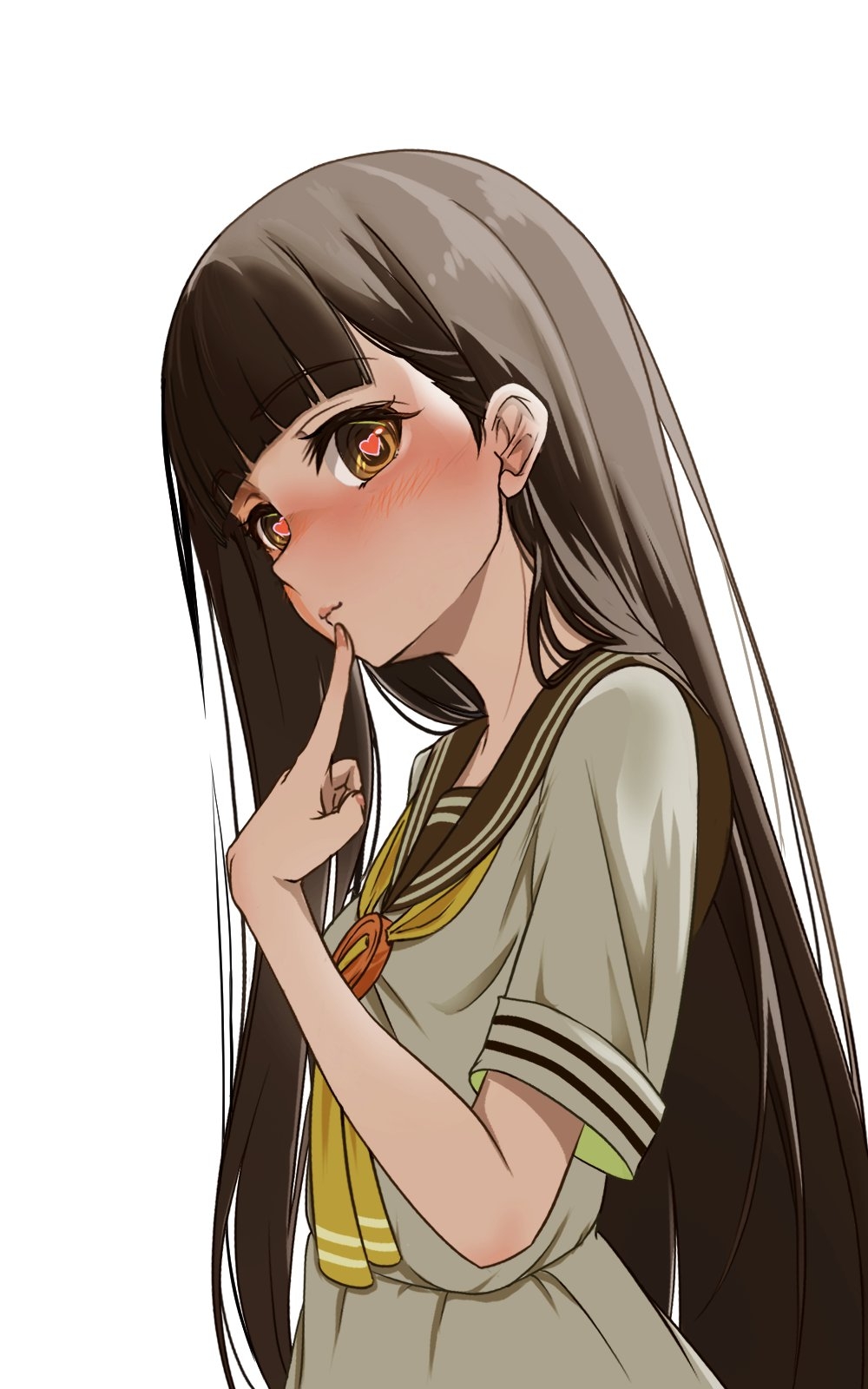 1girl, akatsuki_(akatsukinotsuki), black_hair, blunt_bangs, brown_eyes, brown_sailor_collar, dress, grey_dress