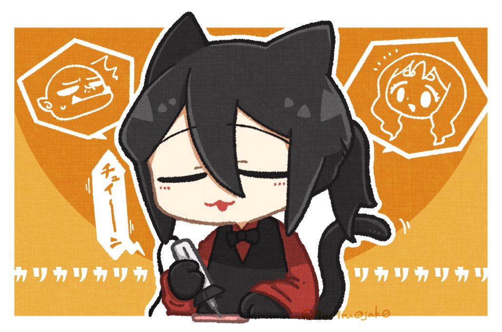1girl, 2boys, :3, ^^^, animal_ears, black_bow, black_bowtie, black_gloves, black_hair, black_vest, blush, border, bow, bowtie, cat_boy, cat_ears, cat_tail, character_request, closed_eyes, facing_viewer, gloves, hair_between_eyes, holding, kani_(kuusou_ryouriten), katsuo_no_eboshi_(9ru9ru0jak0), kuusou_ryouriten, long_hair, long_sleeves, multiple_boys, open_mouth, orange_background, orc, ponytail, red_shirt, shirt, short_hair, sidelocks, soldering_iron, spoken_character, tail, thick_eyebrows, tusks, twitter_username, upper_body, vest, virtual_youtuber, wavy_hair, white_border