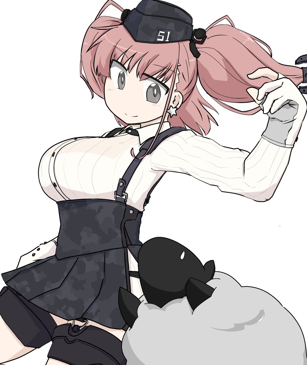 1girl, anchor_hair_ornament, atlanta_(kancolle), black_hat, black_skirt, breasts, brown_hair, dress_shirt