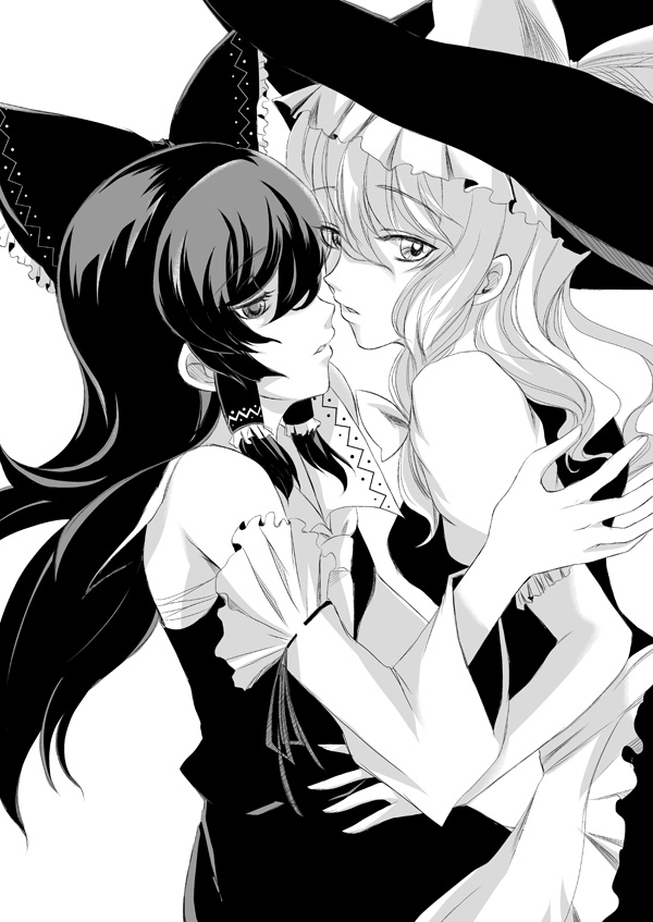 fuku_suke, hakurei_reimu, hat, kirisame_marisa, monochrome, multiple_girls, touhou, yuri