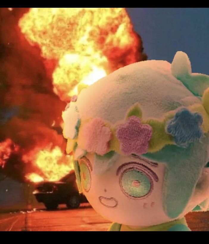 antenna_hair, bad_link, basil_(headspace)_(omori), basil_(omori), black_car, blue_overalls, blush, car, colored_skin, explosion, fire, flower, flower_wreath, green_shirt, head_wreath, motor_vehicle, nervous, nervous_smile, official_alternate_eye_color, omori, overall_shorts, overalls, purple_sweater_vest, sardonyxvia, shirt, short_hair, smile, stuffed_toy, sweater_vest, teeth, tulip, white_flower, white_skin, white_tulip, worried