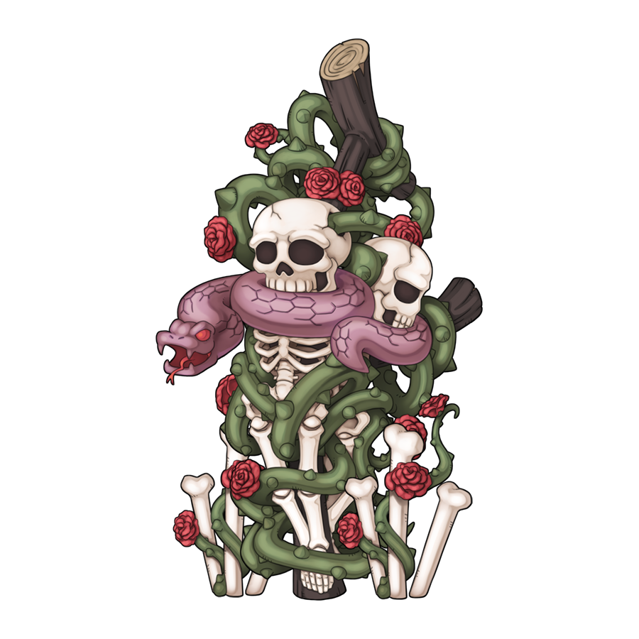 chibi, chibi_only, entweihen_crothen, flower, forked_tongue, full_body, no_humans, official_art, ragnarok_online, red_flower, red_rose, rose, simple_background, skeleton, skull, snake, solo, thorns, tongue, transparent_background, undead, yuichirou