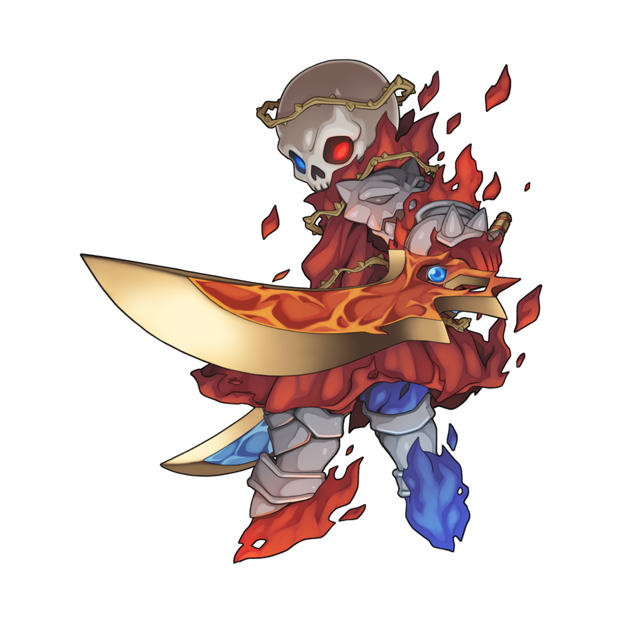 1other, armor, armored_boots, blue_eyes, blue_fire, boots, chibi, chibi_only, cloak, crown_of_thorns, dual_wielding, fire, full_body, gold, heterochromia, holding, holding_sword, holding_weapon, living_weapon, looking_at_viewer, naght_sieger, official_art, other_focus, pauldrons, ragnarok_online, red_cloak, red_eyes, red_fire, shoulder_armor, simple_background, skeleton, skull, solo, spiked_gauntlets, sword, transparent_background, undead, weapon, yuichirou