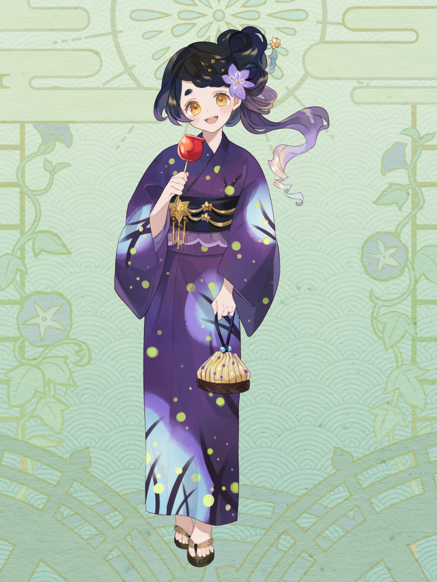 1girl, :d, braid, candy_apple, dairoku_ryouhei, fille_meruku, flower, food, full_body, gradient_hair, green_background, hair_flower, hair_ornament, hair_up, highres, holding, holding_food, japanese_clothes, kimono, kinchaku, long_hair, looking_at_viewer, multicolored_hair, obi, oooita, pouch, purple_kimono, sandals, sash, smile, solo, standing, yellow_eyes