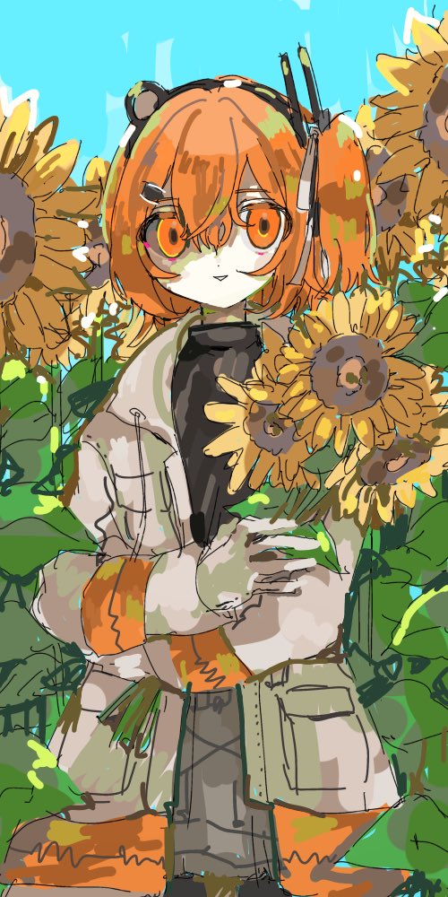 1girl, a.i._voice, adachi_rei, black_shirt, coat, ebi834, field, flower