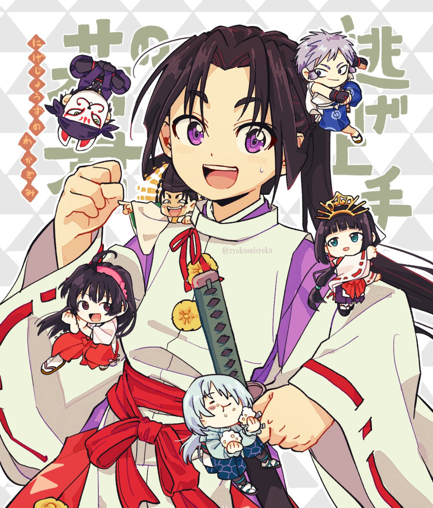 :d, :t, ahoge, black_hair, blush, bow, brown_eyes, butterfly_sitting