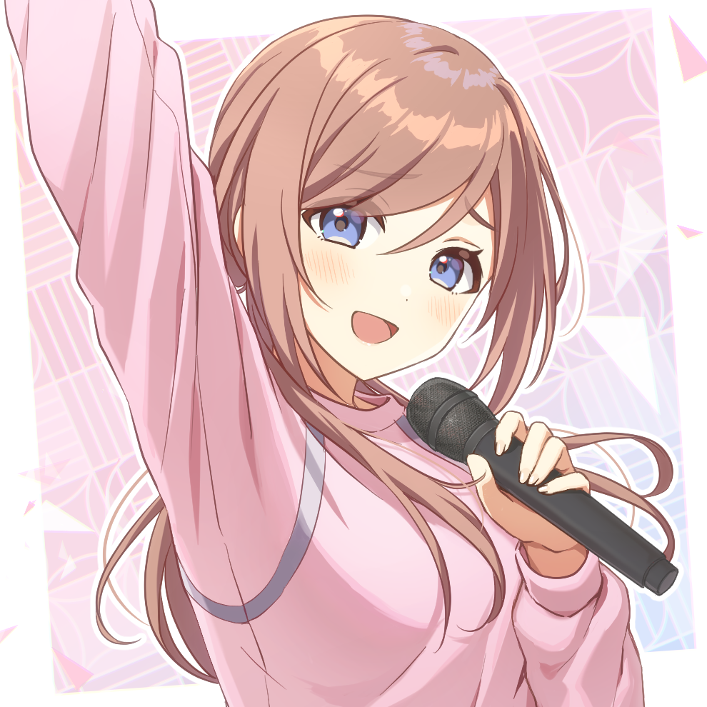 1girl, :d, blue_eyes, brown_hair, gakuen_idolmaster, hair_between_eyes, himesaki_rinami, holding, holding_microphone, idolmaster, long_hair, long_sleeves, looking_at_viewer, microphone, mntt_re4, open_mouth, outline, pink_sweater, smile, solo, sweater, swept_bangs, upper_body, white_outline