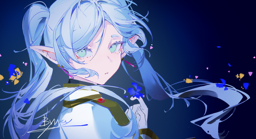 1girl, blue_eyes, blue_hair, byuey, capelet, floating_hair, frieren, from_side