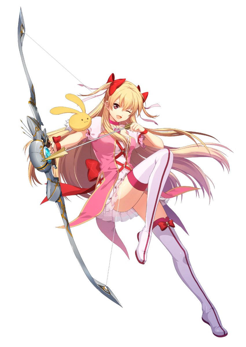 1girl, ;d, akatsuki_no_kiseki, alisa_reinford, blonde_hair, boots, bow, bow_(weapon)