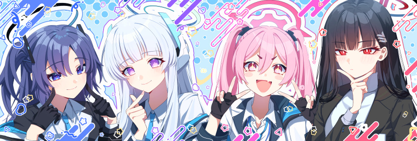 +_+, 4girls, absurdres, black_coat, black_gloves, black_hair, black_halo, blue_archive