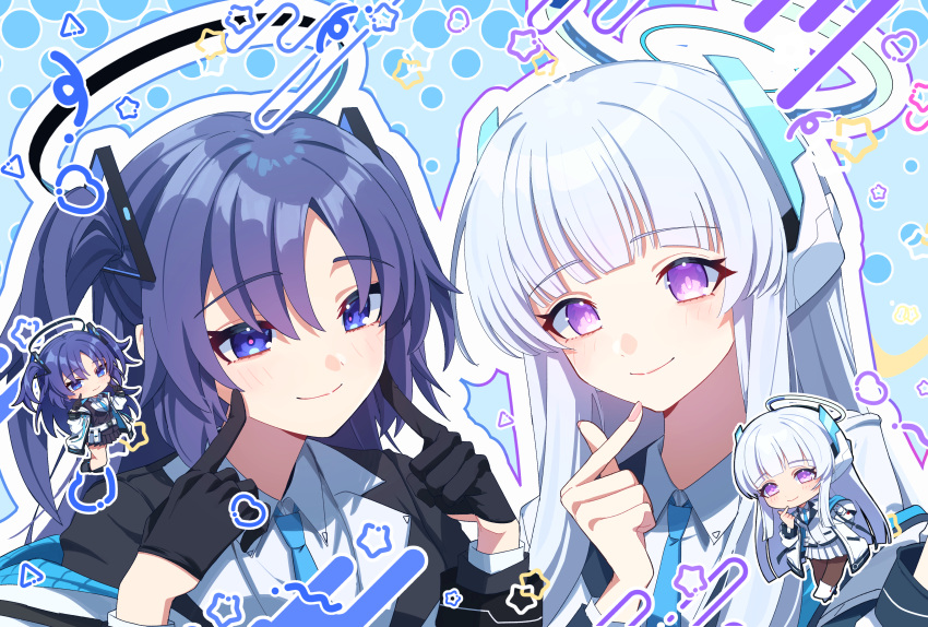 2girls, absurdres, black_gloves, black_halo, blue_archive, blue_eyes, blue_hair, blue_necktie