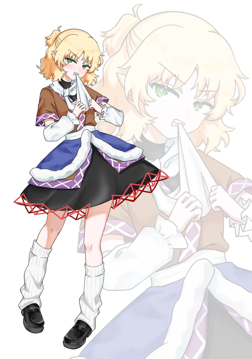 1girl, absurdres, biting, biting_clothes, black_footwear, black_shirt, black_skirt, blonde_hair, blush, brown_shirt, clenched_teeth, commentary_request, fixer_(xfsl45hm4u5wkw4), full_body, green_eyes, half_updo, highres, loafers, looking_at_viewer, loose_socks, medium_bangs, mizuhashi_parsee, parsee_day, pointy_ears, ribbon-trimmed_skirt, ribbon_trim, scarf, shirt, shoes, short_hair, short_ponytail, simple_background, skirt, socks, solo, teeth, touhou, undershirt, v-shaped_eyebrows, white_background, white_scarf, white_socks, zoom_layer