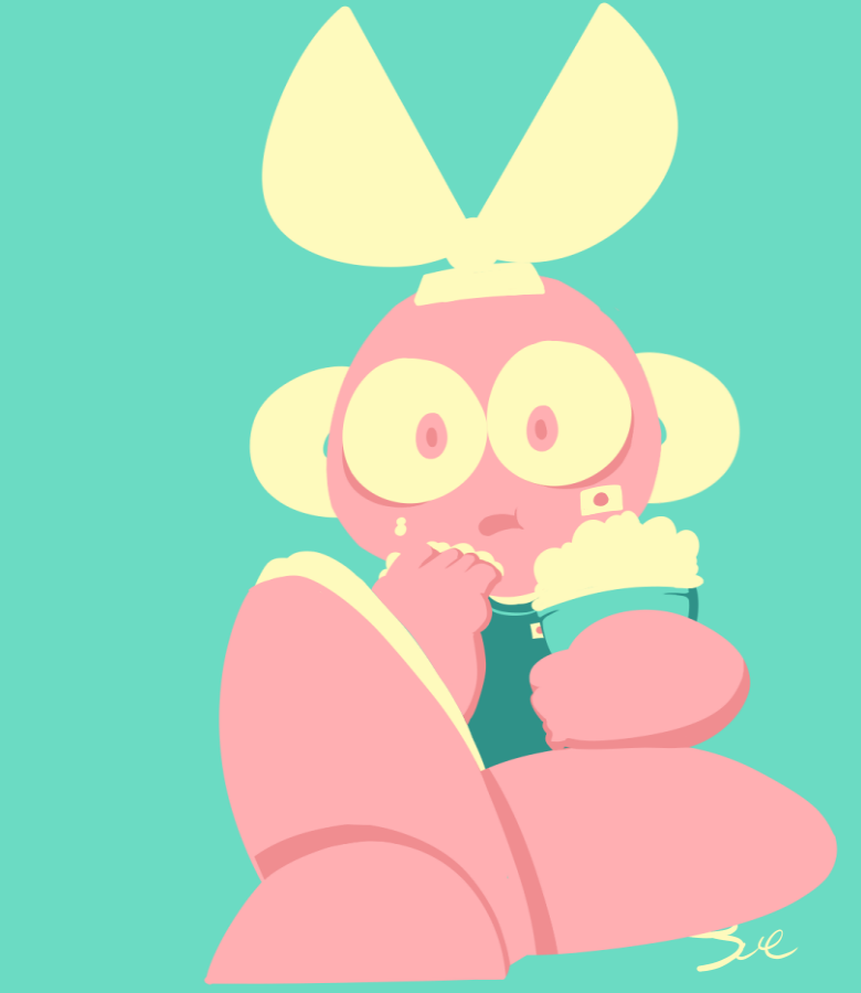 1boy, black_shirt, cut_man, eating, food, full_body, green_background, limited_palette