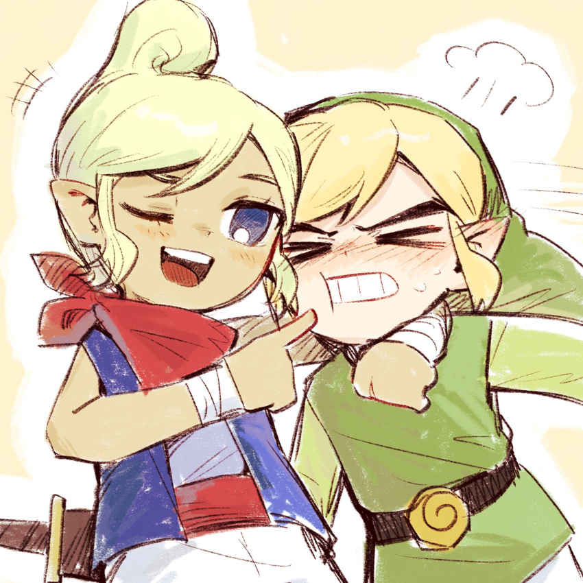 >_<, 1boy, 1girl, bandaged_wrist, bandages, belt, black_belt, blonde_hair