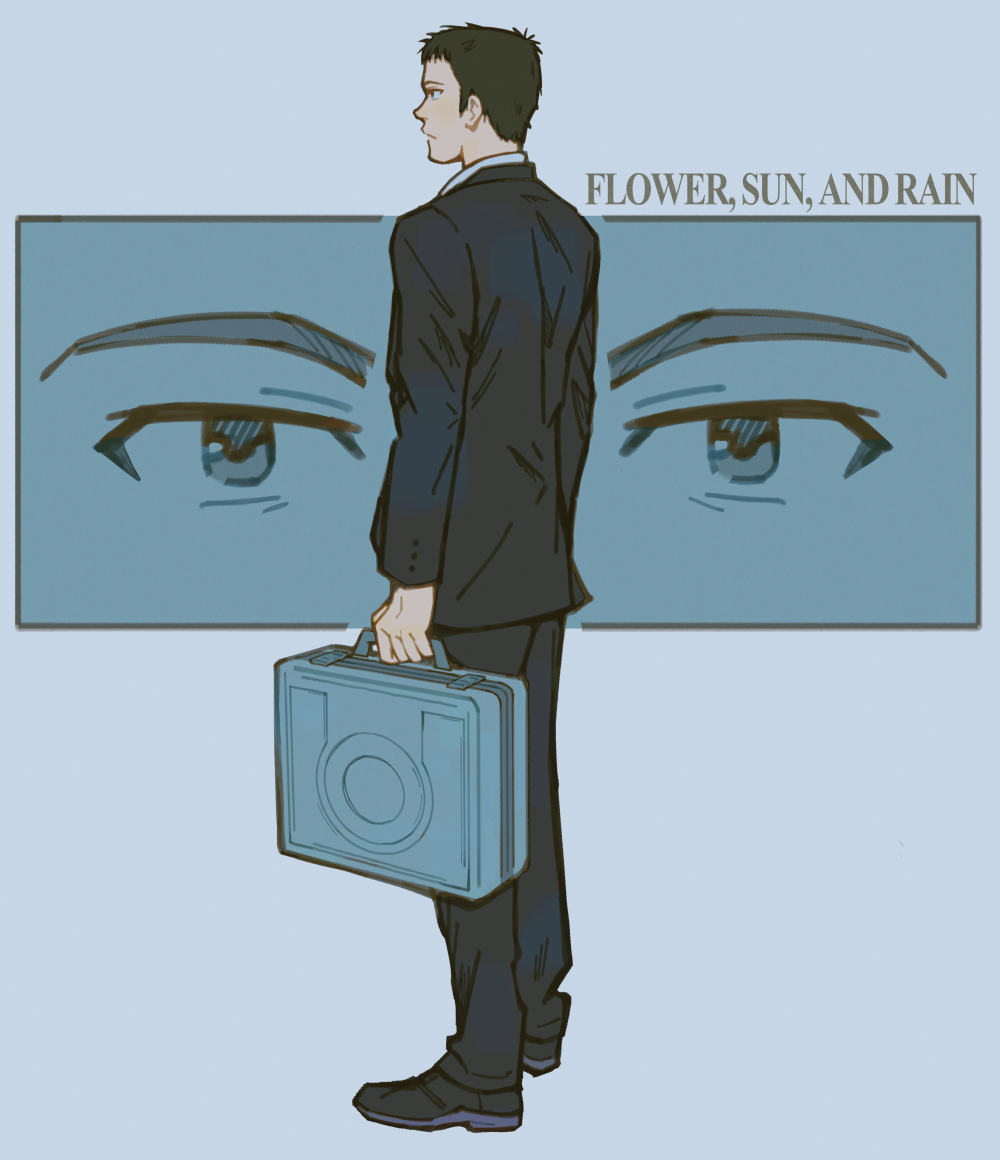1boy, black_footwear, black_hair, black_pants, black_suit, briefcase, english_text, formal