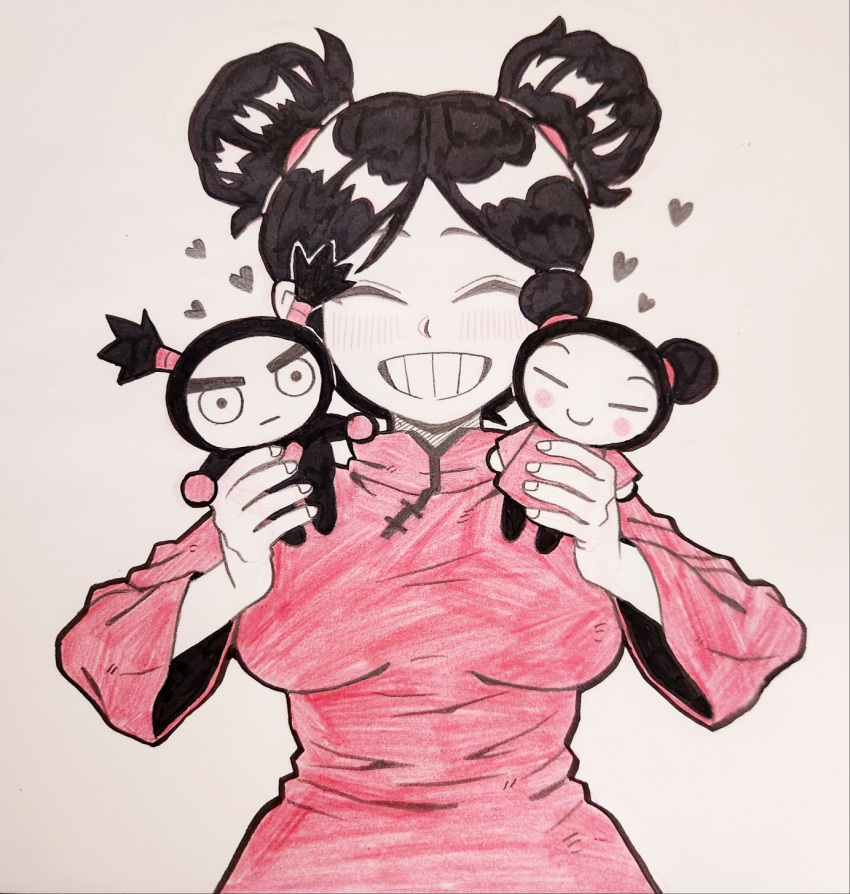 1girl, black_giraffe, black_hair, colored_pencil_(medium), commentary, double_bun, english_commentary, facing_viewer