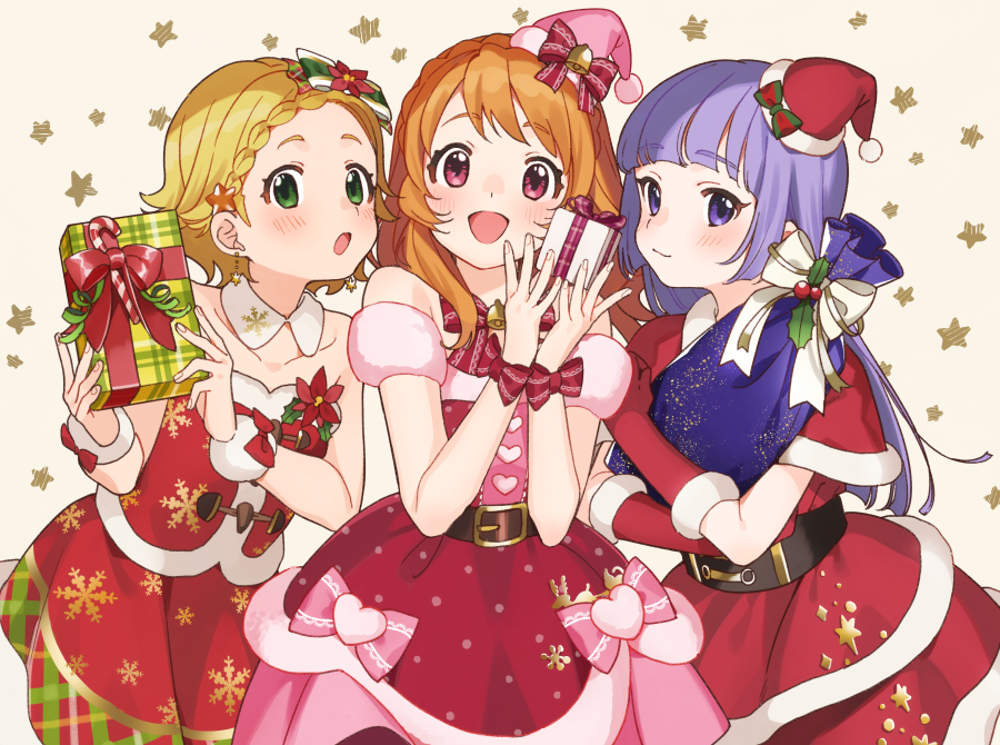 3girls, :d, :o, aikatsu!, aikatsu!_(series), bare_shoulders, bell, belt, blonde_hair, blush, booota, bow, capelet, christmas, collar, cowboy_shot, detached_collar, detached_sleeves, dot_nose, dress, dress_bow, elbow_gloves, facing_ahead, flower, fur-trimmed_capelet, fur-trimmed_dress, fur_trim, gift, gloves, green_eyes, hair_bow, hair_ornament, hands_up, hikami_sumire, holding, holding_gift, light_smile, looking_at_viewer, multiple_girls, open_mouth, orange_hair, ozora_akari, pink_bow, red_bow, red_capelet, red_dress, red_eyes, red_flower, red_gloves, santa_costume, shinjo_hinaki, short_hair, sleeveless, sleeveless_dress, smile, snowflake_print, standing, star_(symbol), star_hair_ornament, starry_background, strapless, strapless_dress, violet_eyes, white_collar, wrist_bow, wrist_cuffs, yellow_background