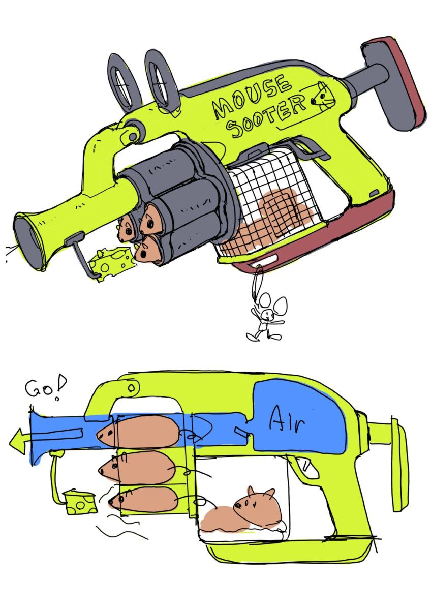!, air_gun, animal, animal_ears, brown_fur, cheese, cross-section, english_text, fake_animal_ears, food, gatling_santouhei, highres, mouse_(animal), no_humans, original, simple_background, typo, white_background