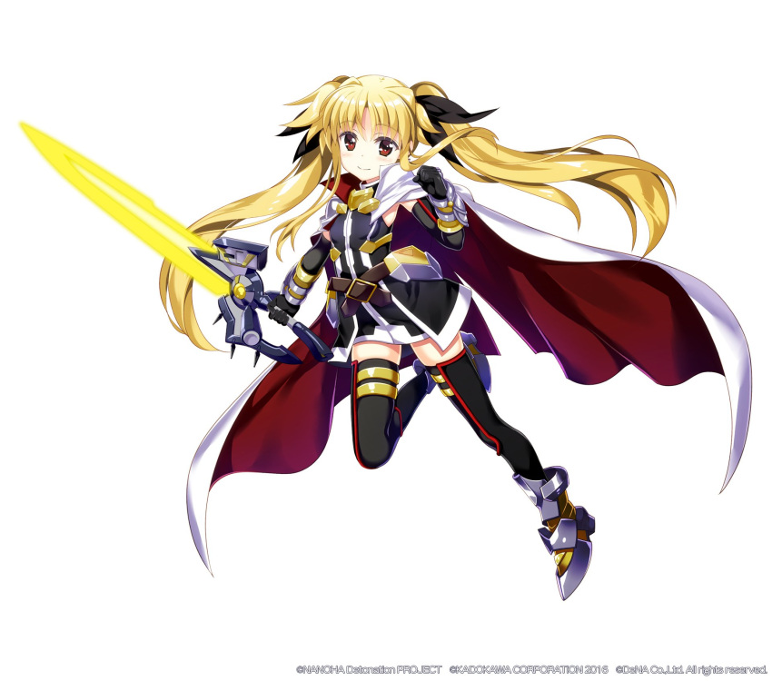 1girl, armored_boots, armored_gloves, bardiche_(nanoha), bardiche_(straight_saber_form)_(nanoha), belt, black_dress, black_gloves