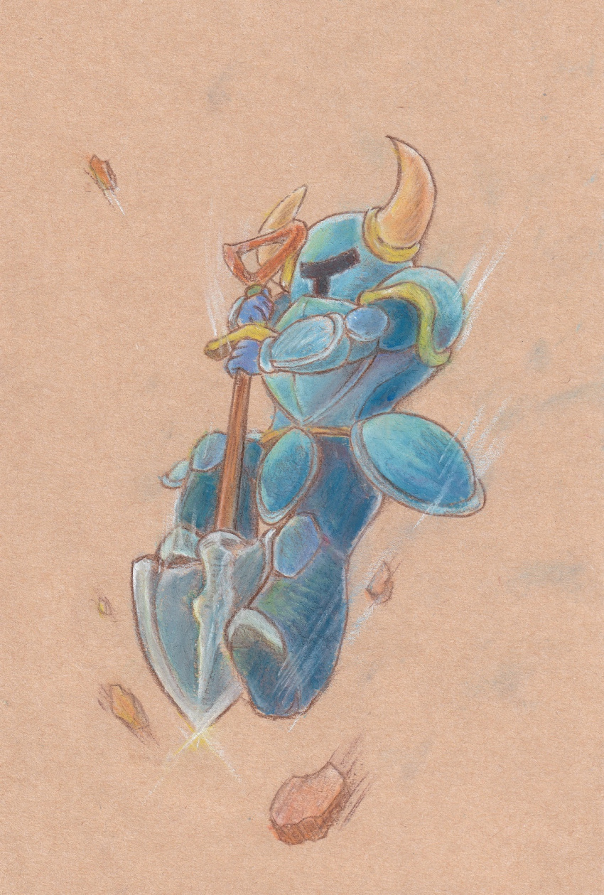 1boy, armor, blue_armor, brown_background, crayon_(medium), debris, fake_horns, full_armor