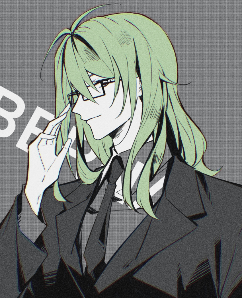 1boy, absurdres, adjusting_clothes, adjusting_headwear, antenna_hair, bernardo_ortolani, character_name, closed_mouth, collared_shirt, glasses, green_hair, grey_background, greyscale, hair_between_eyes, highres, jacket, lapels, long_hair, long_sleeves, looking_at_viewer, lucky_dog_1, male_focus, mohexi459, monochrome, necktie, notched_lapels, profile, rectangular_eyewear, shirt, sideways_glance, simple_background, smile, solo, spot_color, suit_jacket, upper_body