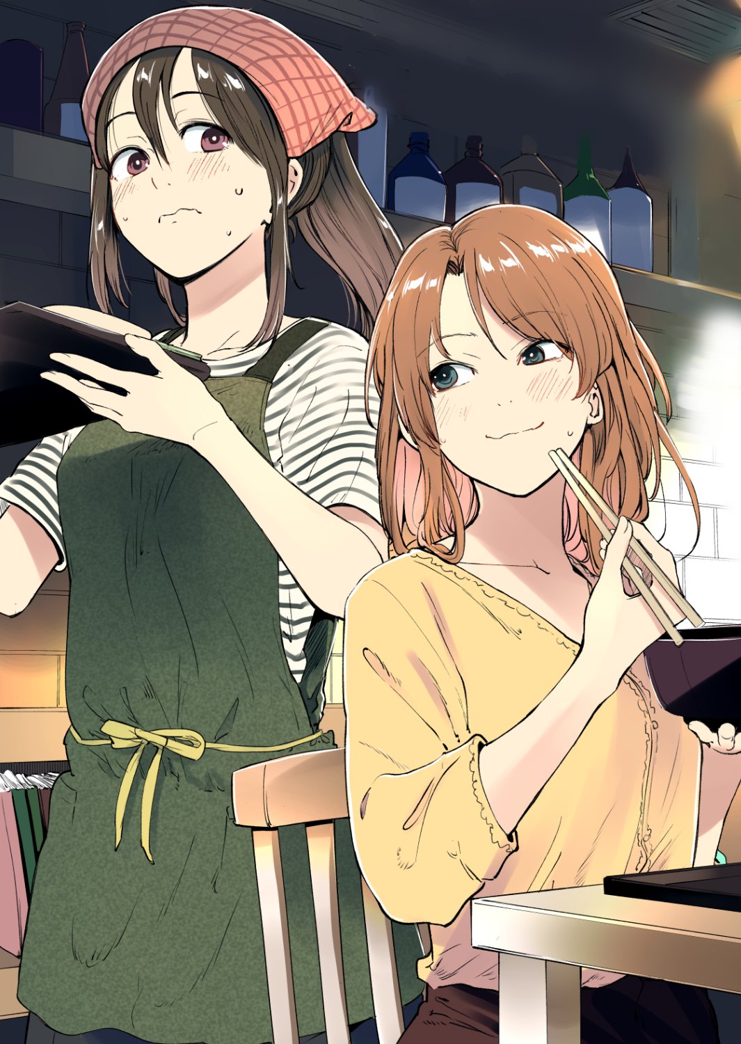 2girls, apron, black_shirt, blush, bonkara_(sokuseki_maou), bottle, bowl, brick_wall, brown_hair, chopsticks, collarbone, green_apron, hair_between_eyes, highres, holding, holding_bowl, holding_chopsticks, holding_tray, indoors, kuchibeta_shokudou, kuchinashi_hiyono, long_hair, looking_at_another, medium_hair, multiple_girls, nervous, nervous_smile, nervous_sweating, official_art, on_chair, ponytail, restaurant, shirt, short_sleeves, smile, standing, striped_clothes, striped_shirt, sweat, swept_bangs, table, tenugui, tray, waitress, wavy_mouth, white_shirt, wooden_chair, yanagi_rin, yellow_shirt