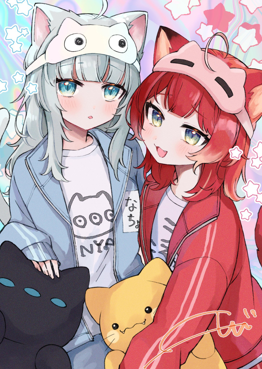 2girls, :d, akami_karubi, animal_ears, blue_eyes, blue_jacket, blue_track_suit, cat_ears, cat_girl, cat_tail, fang, fuji_(fujichan_628), grey_hair, highres, indie_virtual_youtuber, jacket, long_hair, long_sleeves, looking_at_viewer, mask, mask_on_head, medium_hair, multiple_girls, nachoneko, open_clothes, open_jacket, open_mouth, red_jacket, red_track_suit, redhead, sleep_mask, smile, stuffed_animal, stuffed_cat, stuffed_toy, tail, track_jacket, track_suit, virtual_youtuber