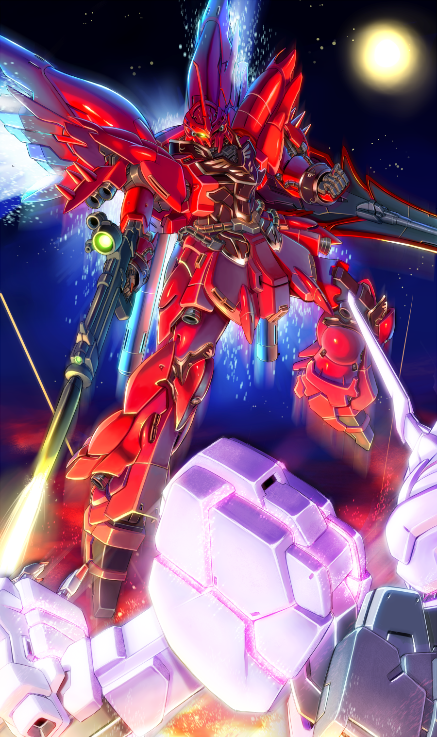 gun, gundam, gundam_unicorn, highres, mecha, no_humans, nt-d, shield, sinanju, space, sun, unicorn_gundam, wasabi_(payan), weapon