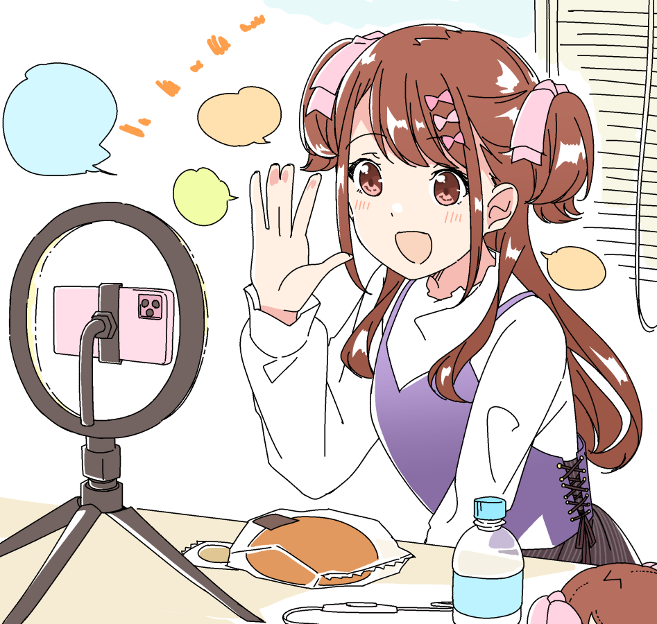 1girl, 22/7, :d, bow, brown_eyes, brown_hair, cellphone, fanged_bangs