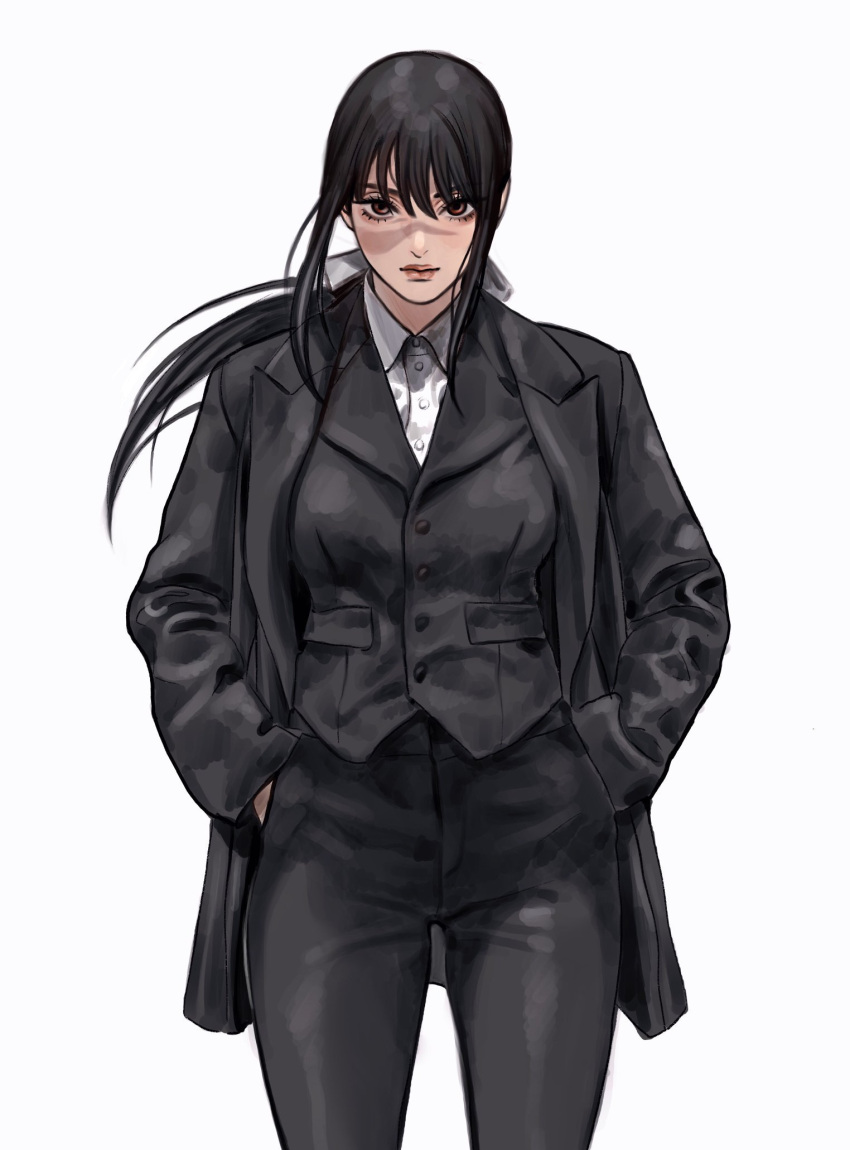 1girl, black_hair, black_jacket, black_pants, black_vest, breasts, brown_eyes, closed_mouth